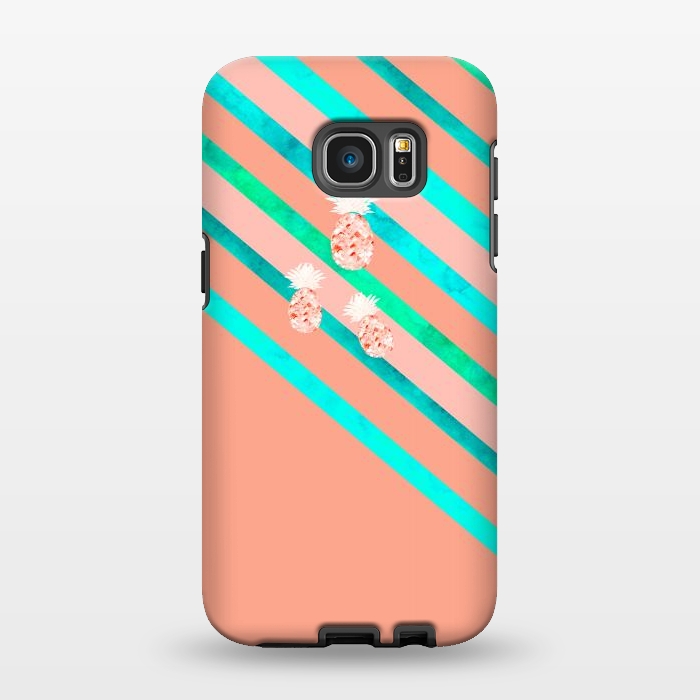 Galaxy S7 EDGE StrongFit Peach and Blue Pineapple Stripes by Amaya Brydon
