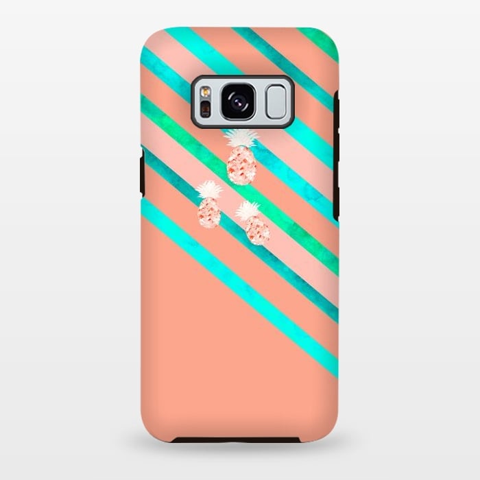 Galaxy S8 plus StrongFit Peach and Blue Pineapple Stripes by Amaya Brydon