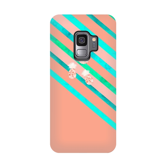 Galaxy S9 StrongFit Peach and Blue Pineapple Stripes by Amaya Brydon