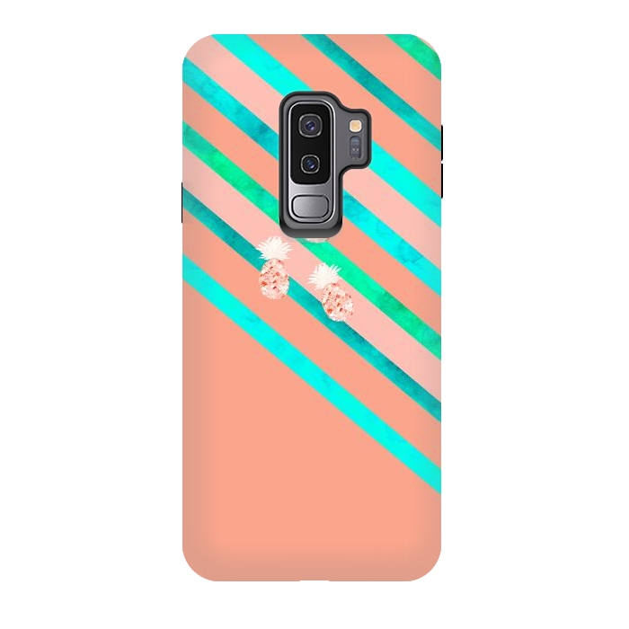 Galaxy S9 plus StrongFit Peach and Blue Pineapple Stripes by Amaya Brydon