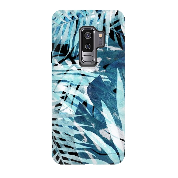 Galaxy S9 plus StrongFit Turquosie watercolor painted tropical leaves by Oana 