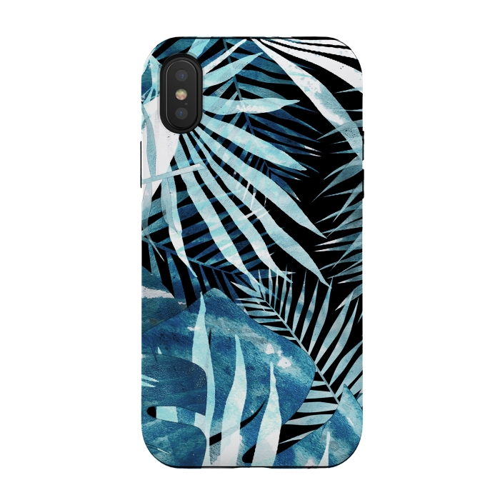 iPhone Xs / X StrongFit Turquoise black palm and ficus tropical leaves by Oana 