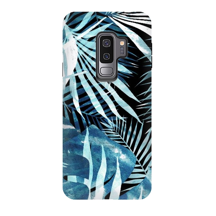 Galaxy S9 plus StrongFit Turquoise black palm and ficus tropical leaves by Oana 