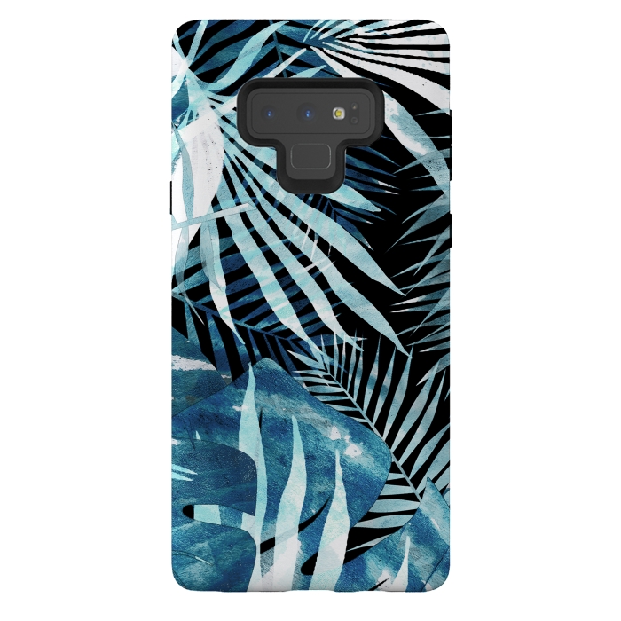 Galaxy Note 9 StrongFit Turquoise black palm and ficus tropical leaves by Oana 