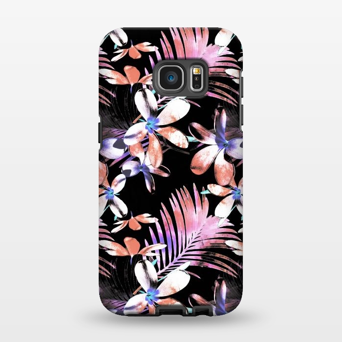 Galaxy S7 EDGE StrongFit Pink purple hibiscus flowers and tropical leaves pattern by Oana 