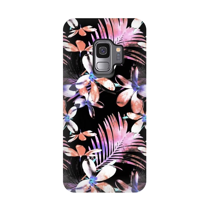 Galaxy S9 StrongFit Pink purple hibiscus flowers and tropical leaves pattern by Oana 