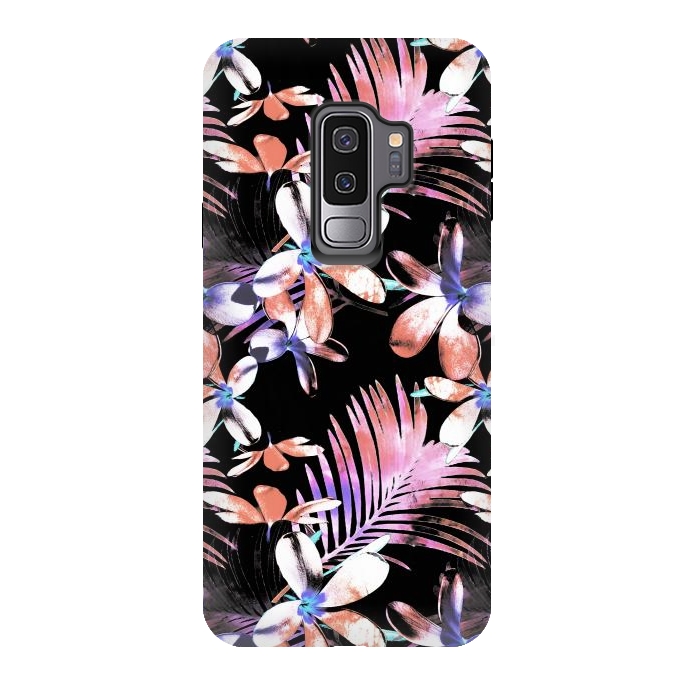 Galaxy S9 plus StrongFit Pink purple hibiscus flowers and tropical leaves pattern by Oana 