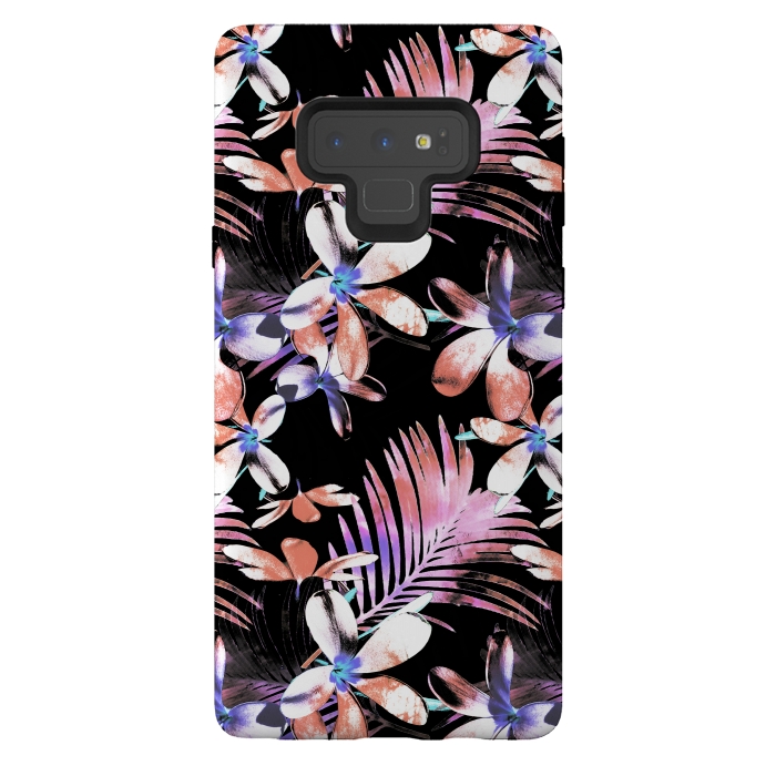 Galaxy Note 9 StrongFit Pink purple hibiscus flowers and tropical leaves pattern by Oana 