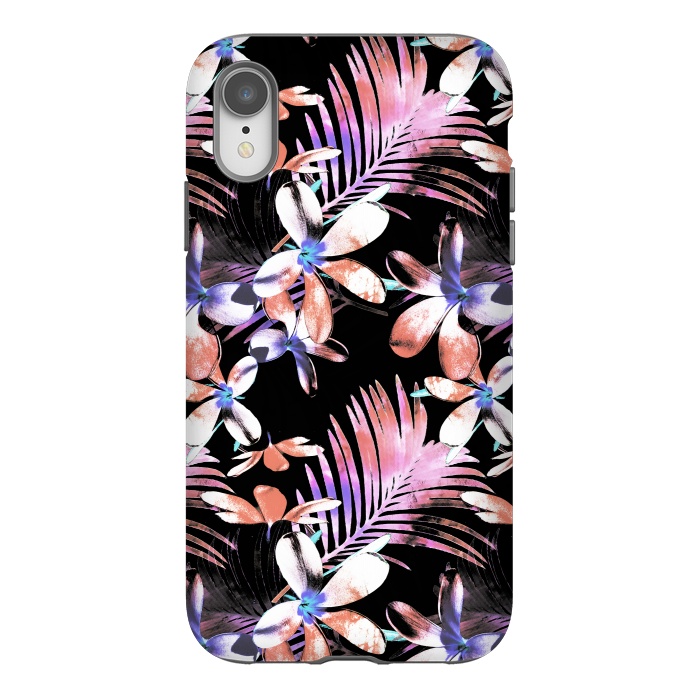 iPhone Xr StrongFit Pink purple hibiscus flowers and tropical leaves pattern by Oana 