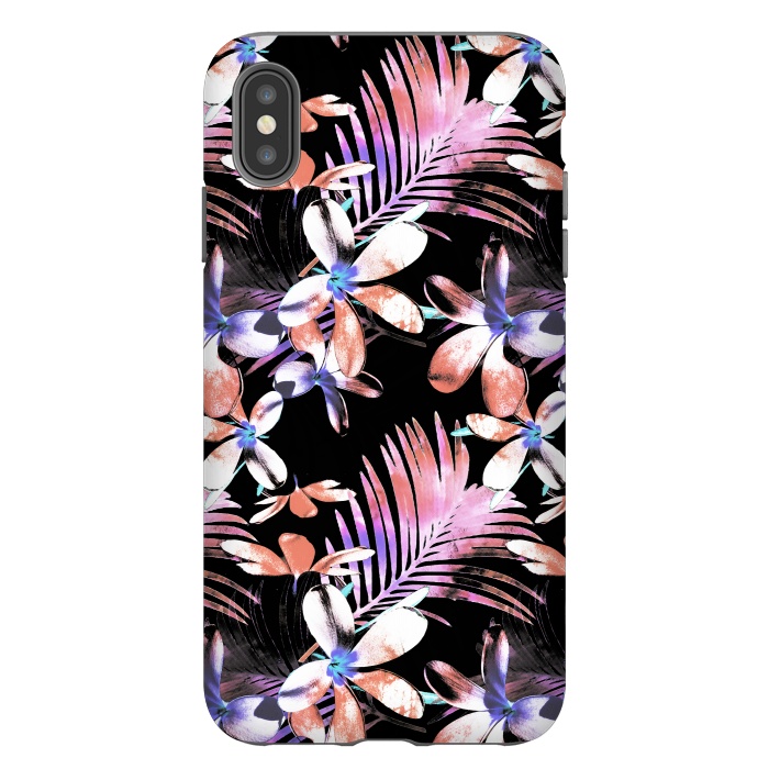iPhone Xs Max StrongFit Pink purple hibiscus flowers and tropical leaves pattern by Oana 