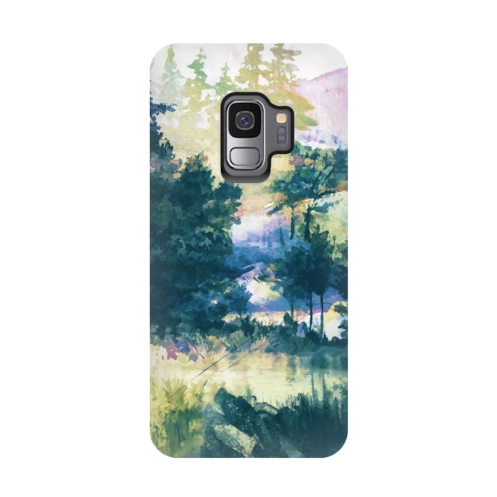 Galaxy S9 StrongFit Watercolor painted forest landscape by Oana 