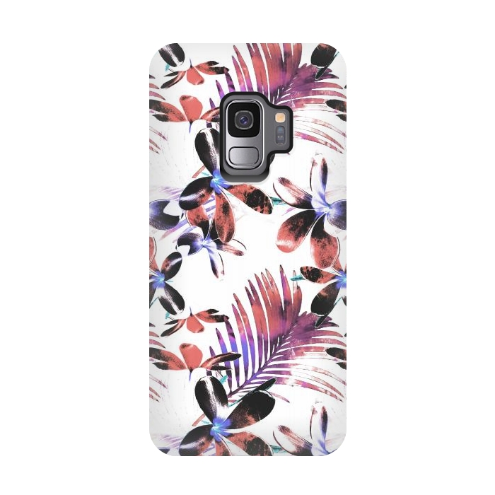 Galaxy S9 StrongFit Pink purple tropical hibiscus and palm leaves by Oana 