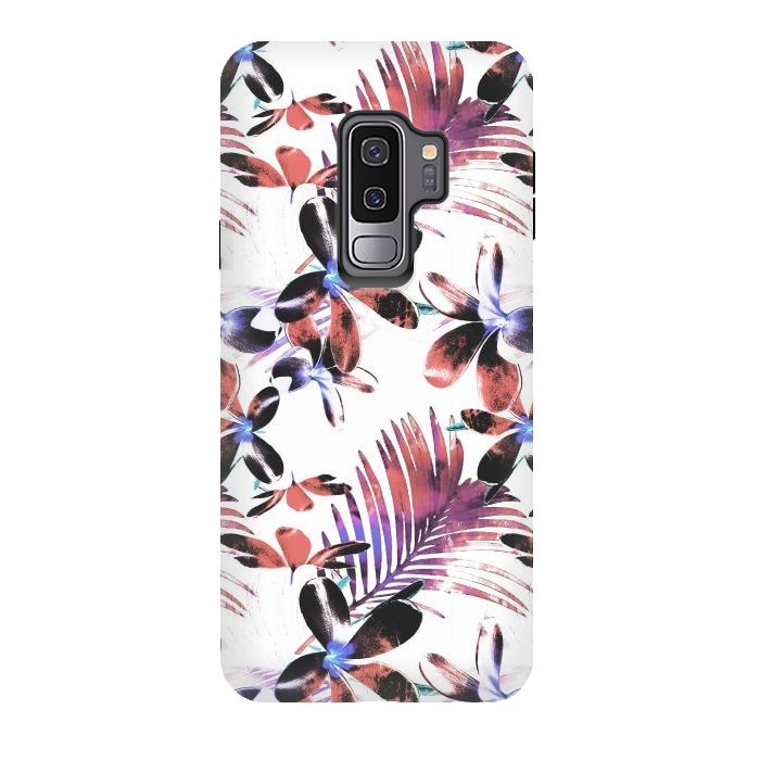 Galaxy S9 plus StrongFit Pink purple tropical hibiscus and palm leaves by Oana 