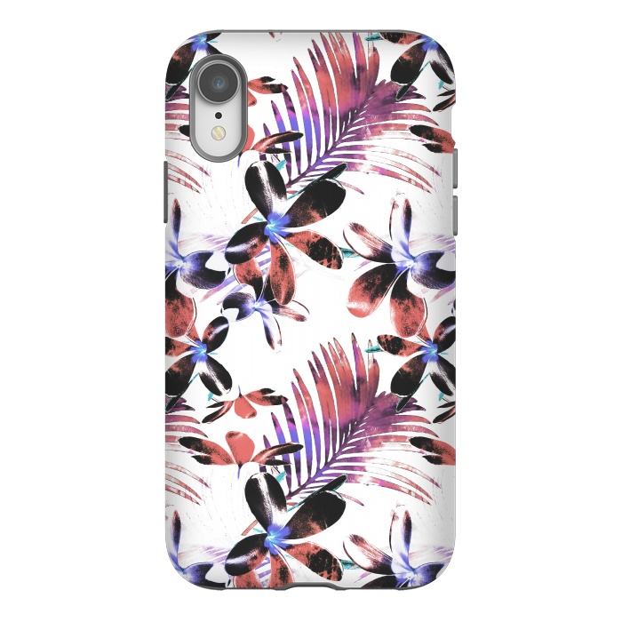 iPhone Xr StrongFit Pink purple tropical hibiscus and palm leaves by Oana 