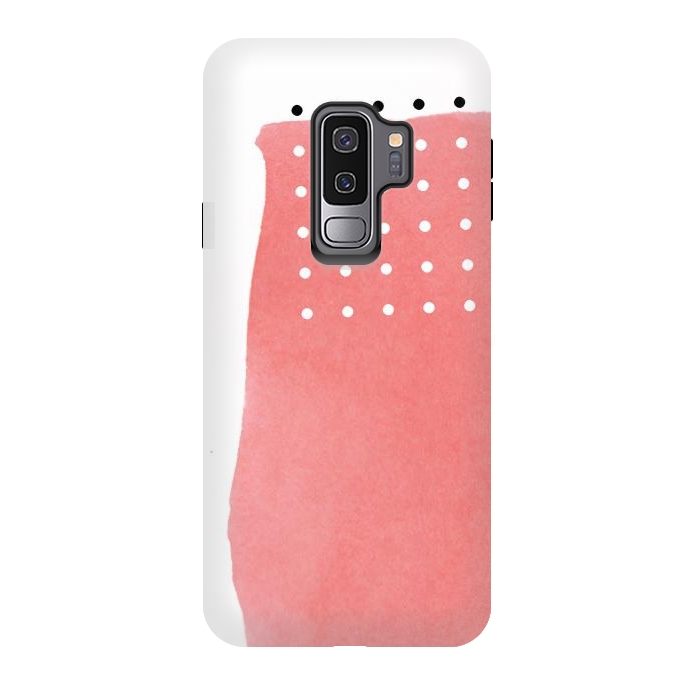 Galaxy S9 plus StrongFit Abstract Pink Watercolor Brushstroke with Black and White Polka Dots by amini54