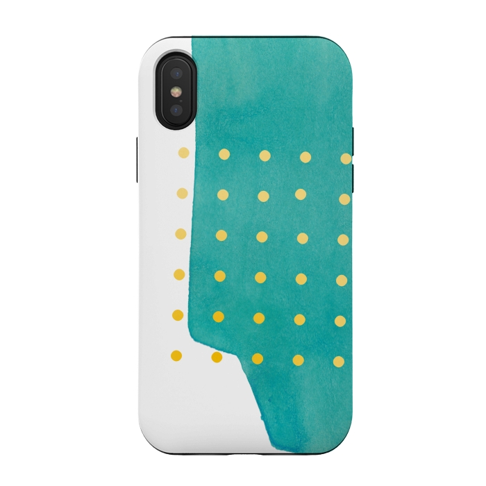 iPhone Xs / X StrongFit Abstract Teal Watercolor Brushstroke with Yellow Polka Dots by amini54