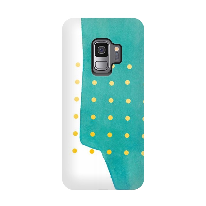 Galaxy S9 StrongFit Abstract Teal Watercolor Brushstroke with Yellow Polka Dots by amini54