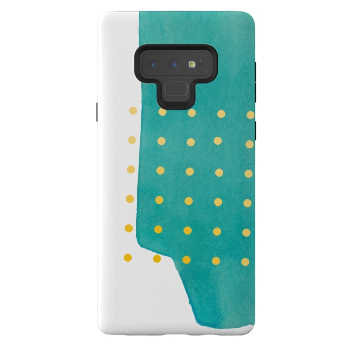 Galaxy Note 9 StrongFit Abstract Teal Watercolor Brushstroke with Yellow Polka Dots by amini54