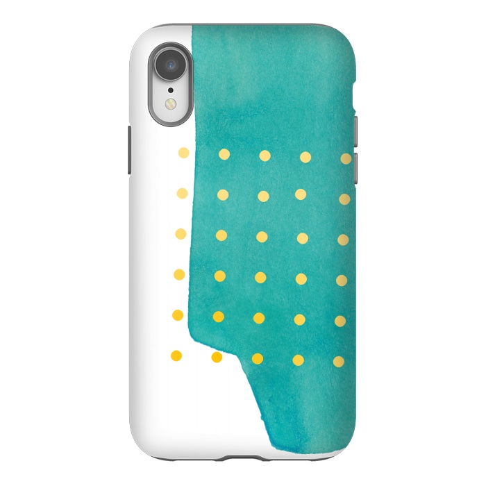 iPhone Xr StrongFit Abstract Teal Watercolor Brushstroke with Yellow Polka Dots by amini54