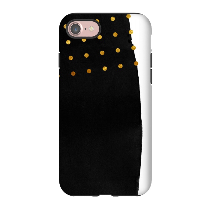 iPhone 7 StrongFit Black Abstract Watercolor Brushstroke with Gold Polka Dots by amini54