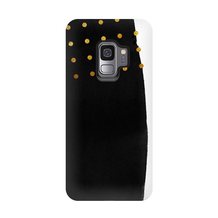Galaxy S9 StrongFit Black Abstract Watercolor Brushstroke with Gold Polka Dots by amini54