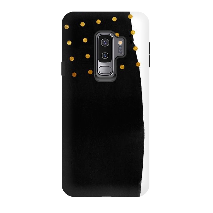 Galaxy S9 plus StrongFit Black Abstract Watercolor Brushstroke with Gold Polka Dots by amini54