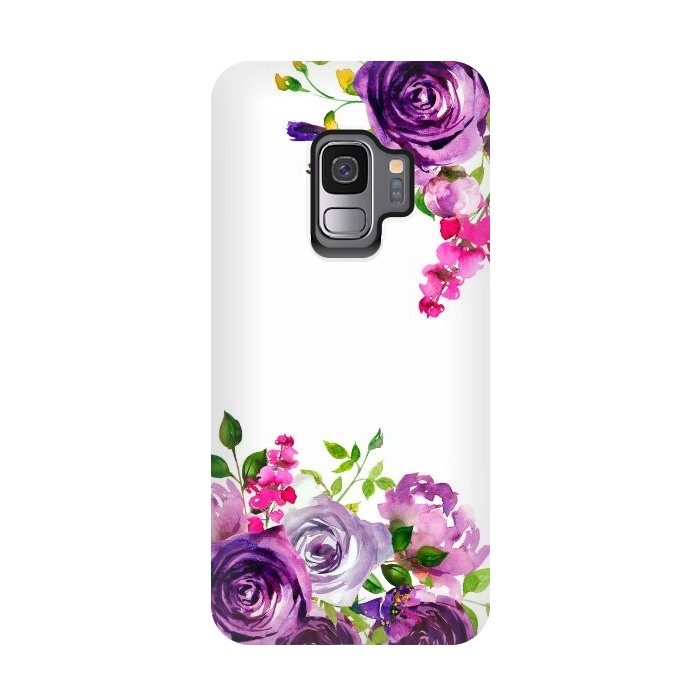 Galaxy S9 StrongFit Hand drawn purple and pink florals on white by  Utart