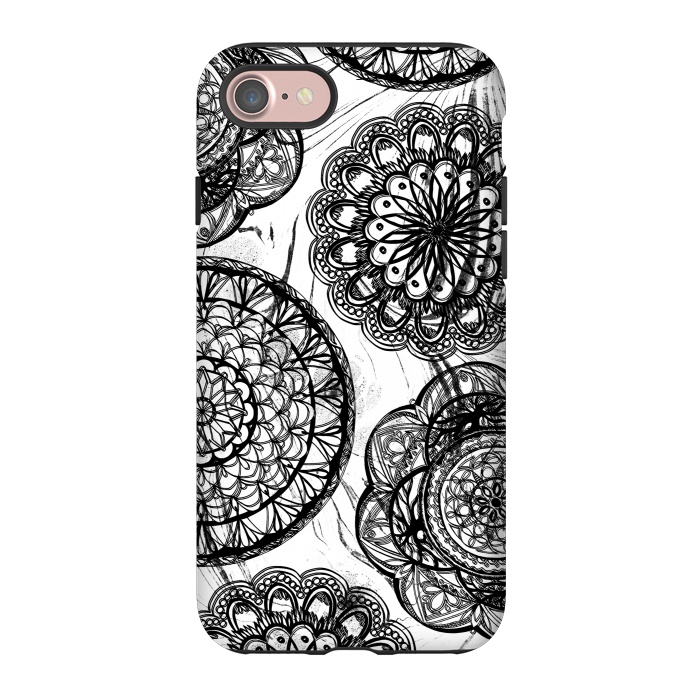 iPhone 7 StrongFit Black line art lace mandalas on white marble by Oana 