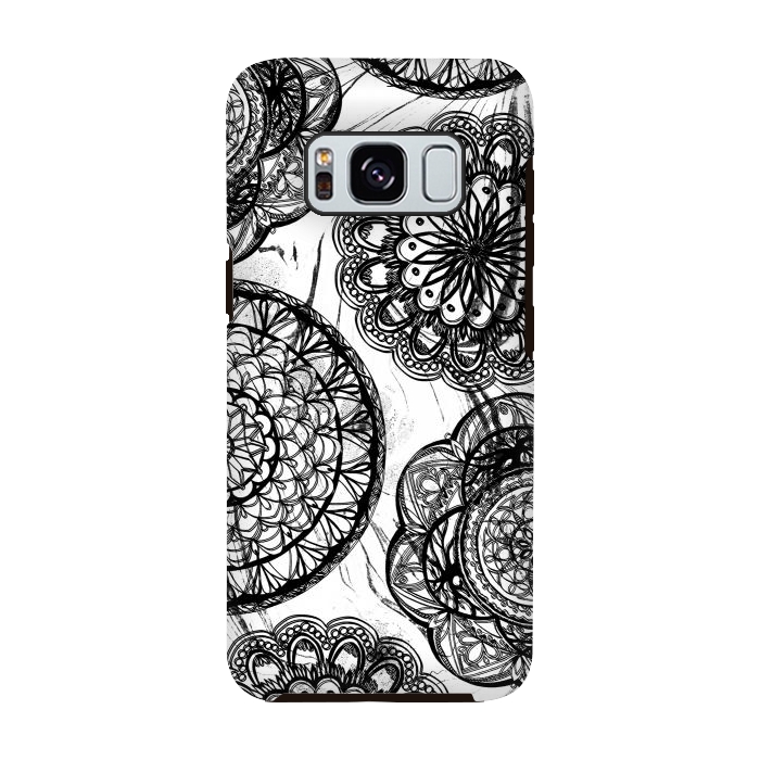 Galaxy S8 StrongFit Black line art lace mandalas on white marble by Oana 