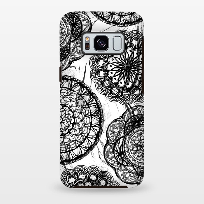 Galaxy S8 plus StrongFit Black line art lace mandalas on white marble by Oana 