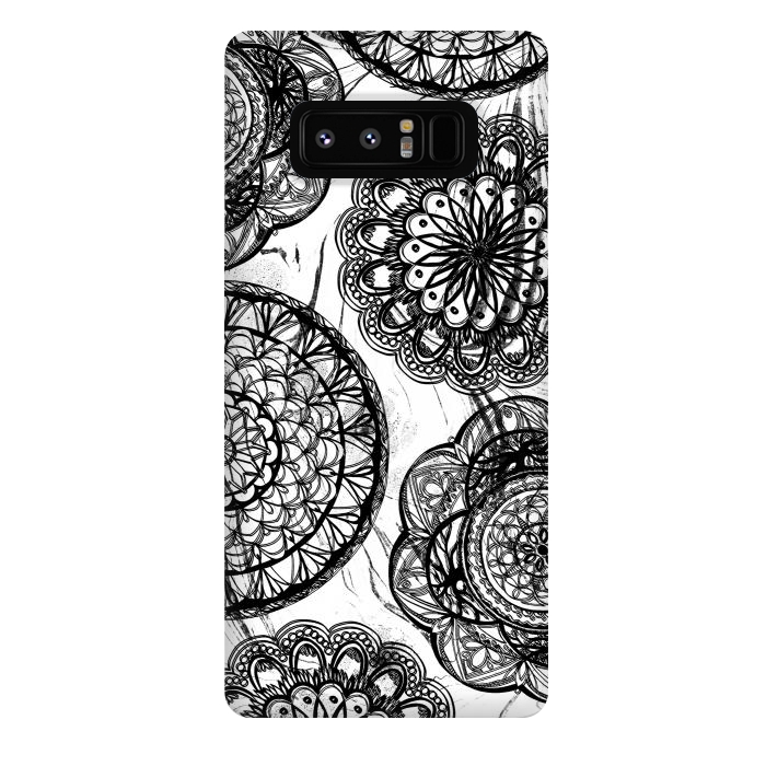 Galaxy Note 8 StrongFit Black line art lace mandalas on white marble by Oana 