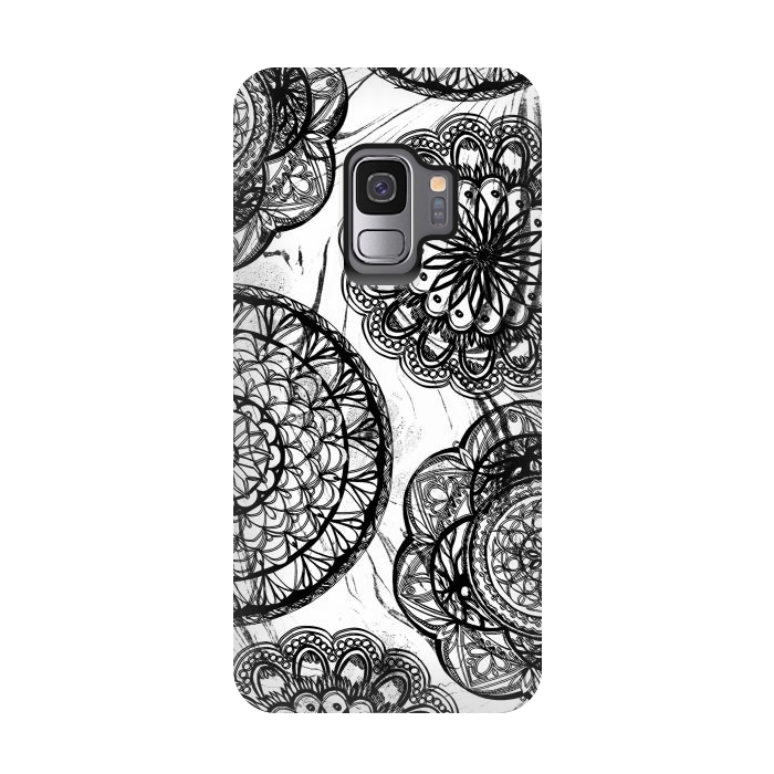 Galaxy S9 StrongFit Black line art lace mandalas on white marble by Oana 
