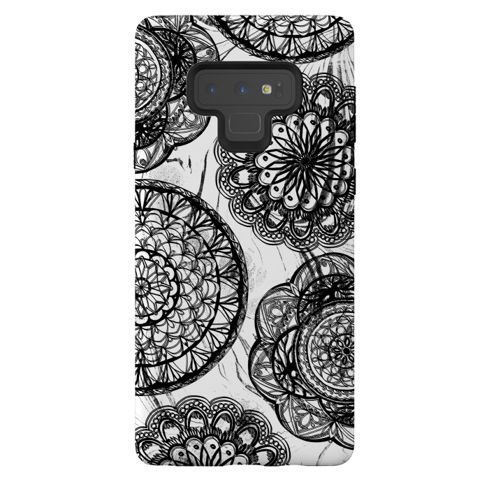Galaxy Note 9 StrongFit Black line art lace mandalas on white marble by Oana 