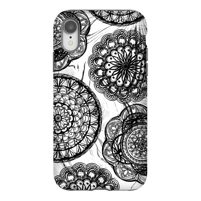 iPhone Xr StrongFit Black line art lace mandalas on white marble by Oana 