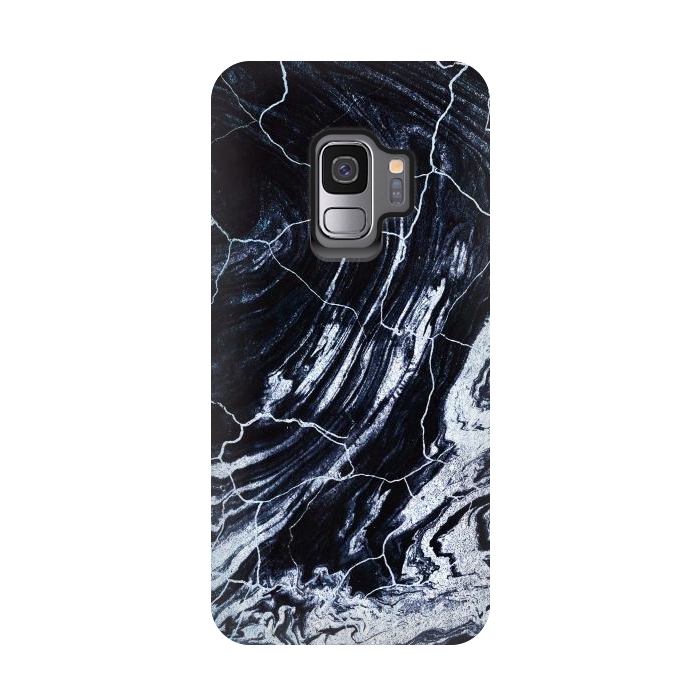 Galaxy S9 StrongFit Dark navy cracked marble painting by Oana 
