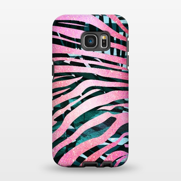Galaxy S7 EDGE StrongFit Pink zebra stripes on tropical foliage by Oana 