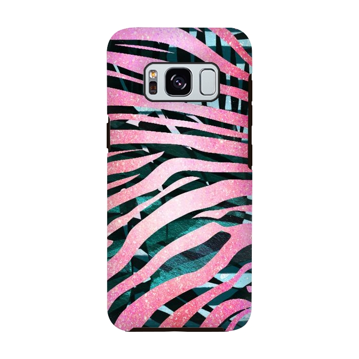 Galaxy S8 StrongFit Pink zebra stripes on tropical foliage by Oana 