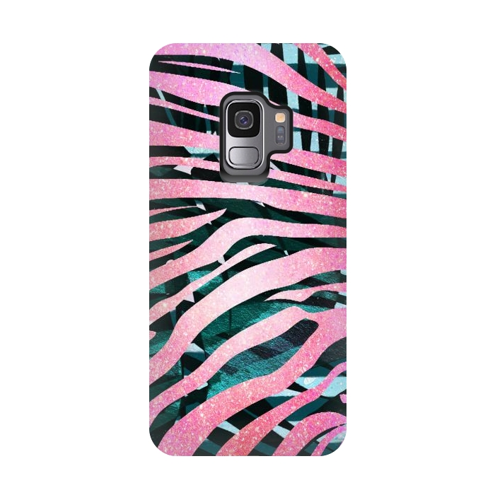 Galaxy S9 StrongFit Pink zebra stripes on tropical foliage by Oana 