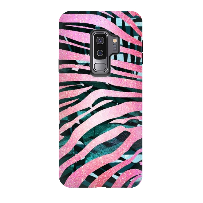 Galaxy S9 plus StrongFit Pink zebra stripes on tropical foliage by Oana 