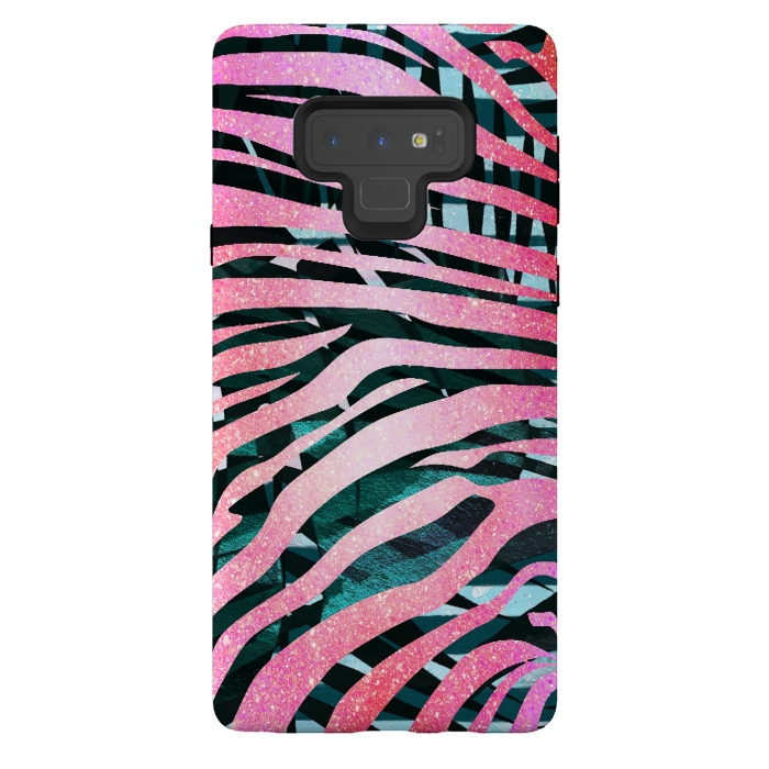 Galaxy Note 9 StrongFit Pink zebra stripes on tropical foliage by Oana 