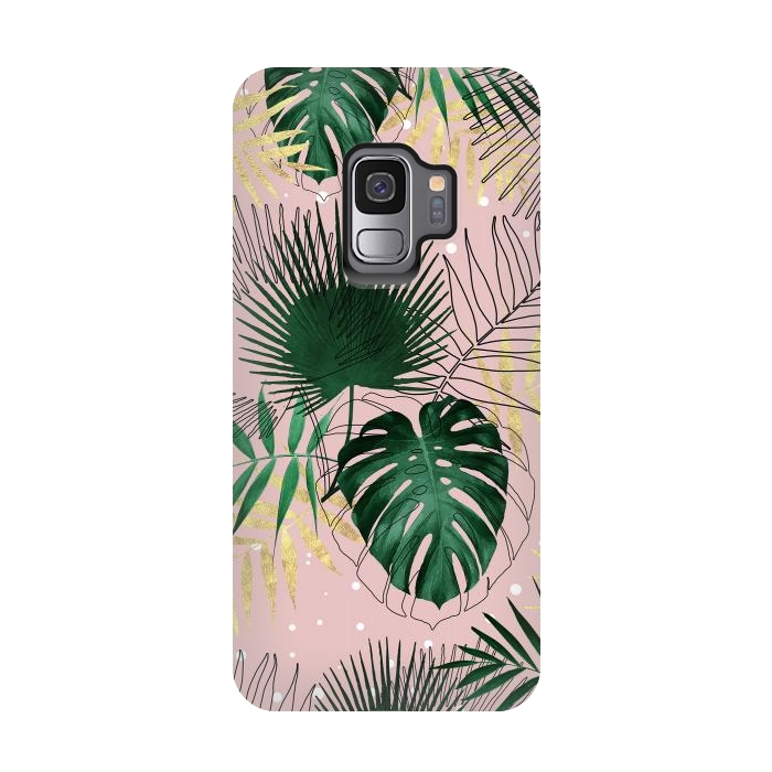 Galaxy S9 StrongFit Modern gold tropical leaves and doddles design  by InovArts