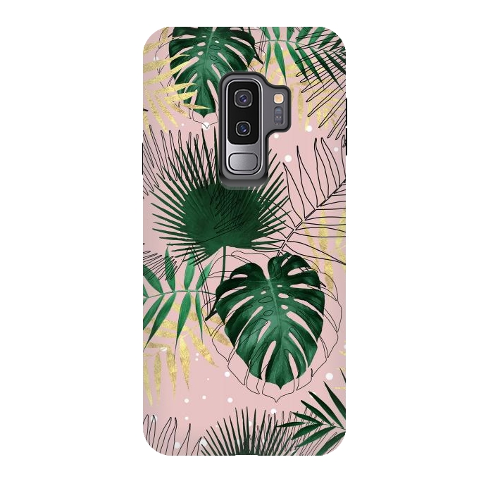 Galaxy S9 plus StrongFit Modern gold tropical leaves and doddles design  by InovArts