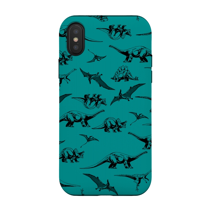 iPhone Xs / X StrongFit Dinosaurs on Teal Background by Karolina