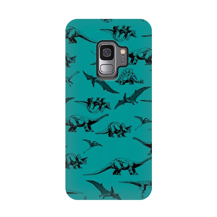 Galaxy S9 StrongFit Dinosaurs on Teal Background by Karolina