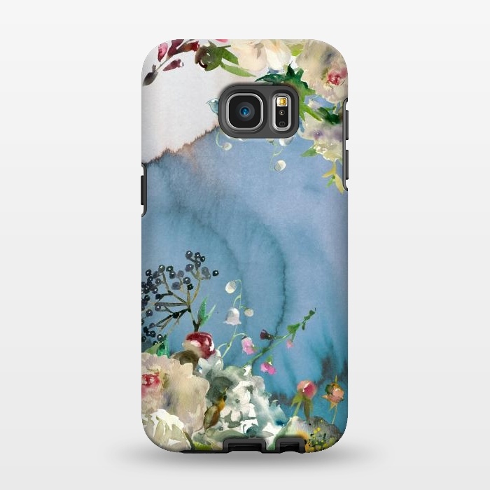 Galaxy S7 EDGE StrongFit White florals on blue watercolor ink texture by  Utart