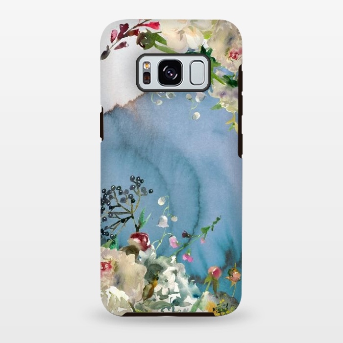 Galaxy S8 plus StrongFit White florals on blue watercolor ink texture by  Utart