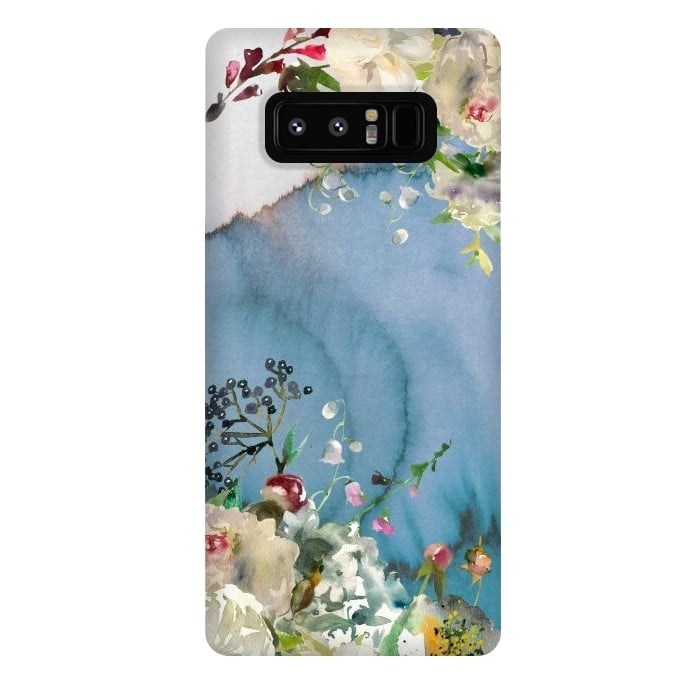 Galaxy Note 8 StrongFit White florals on blue watercolor ink texture by  Utart