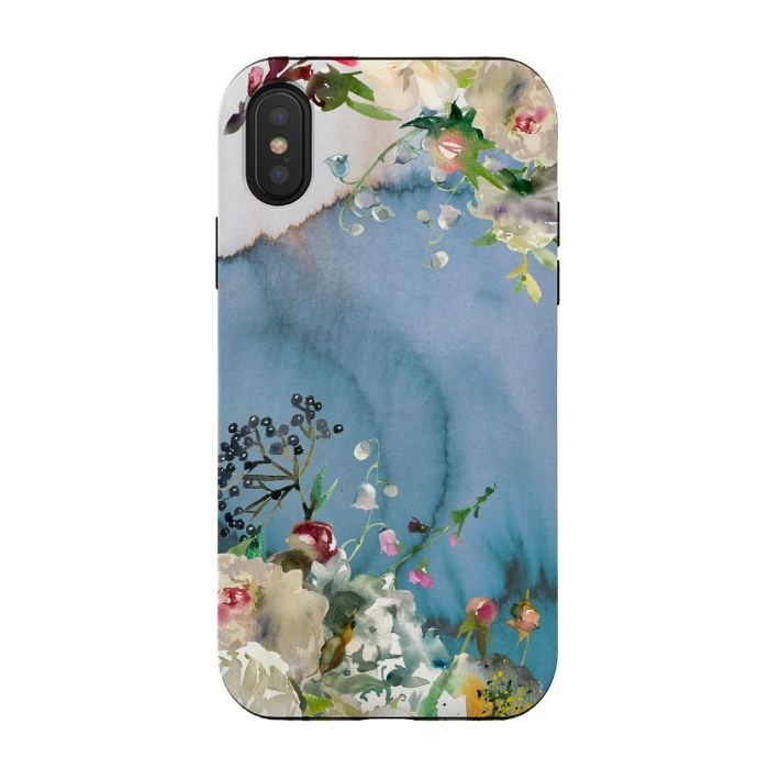 iPhone Xs / X StrongFit White florals on blue watercolor ink texture by  Utart