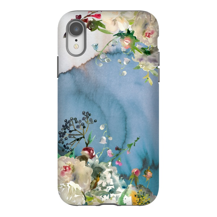 iPhone Xr StrongFit White florals on blue watercolor ink texture by  Utart