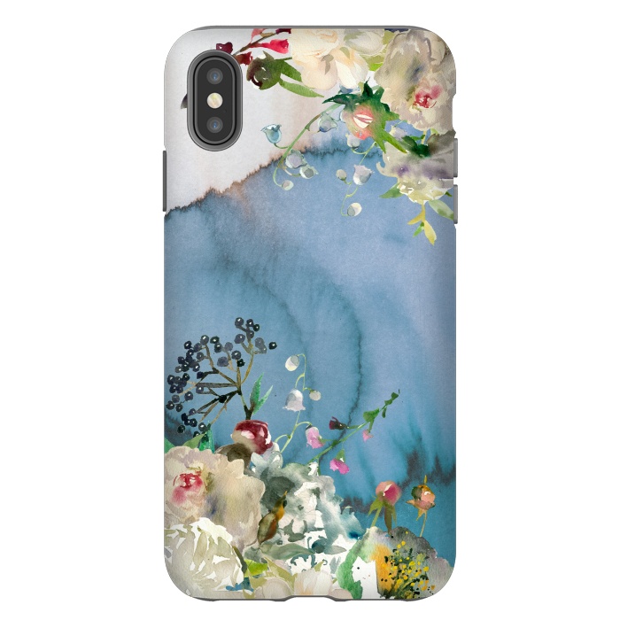 iPhone Xs Max StrongFit White florals on blue watercolor ink texture by  Utart